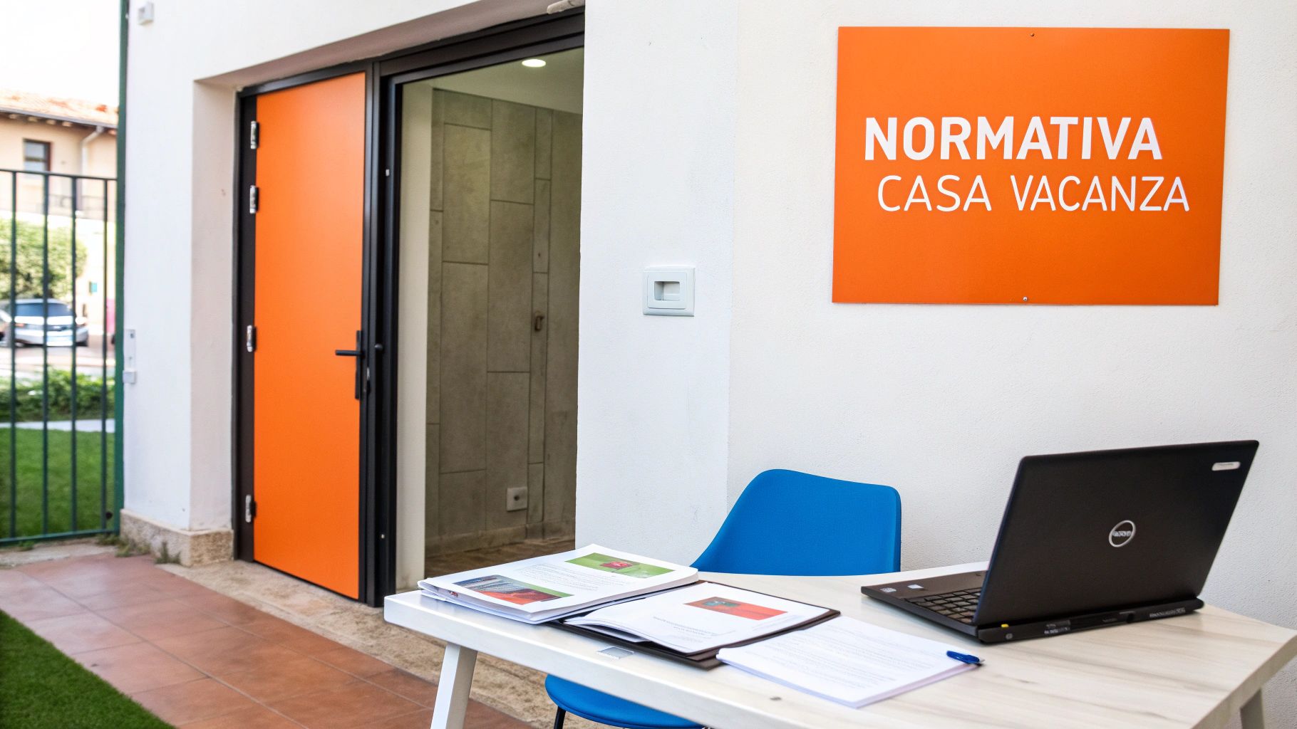 Ingresso esterno con cartello 'Normativa Casa Vacanza', tavolo, sedia blu e laptop per accoglienza.