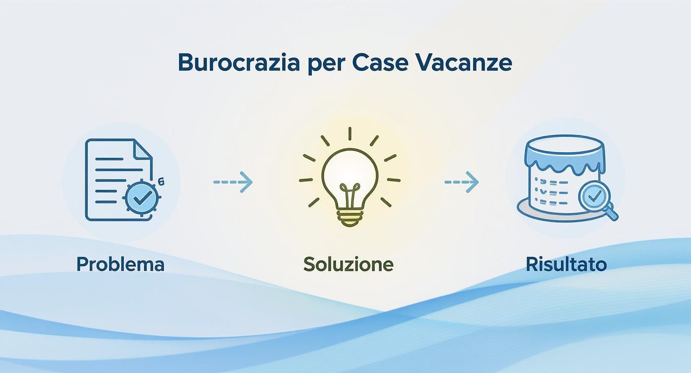 Diagramma di processo per burocrazia case vacanze: problema, soluzione con lampadina, risultato con database verificato