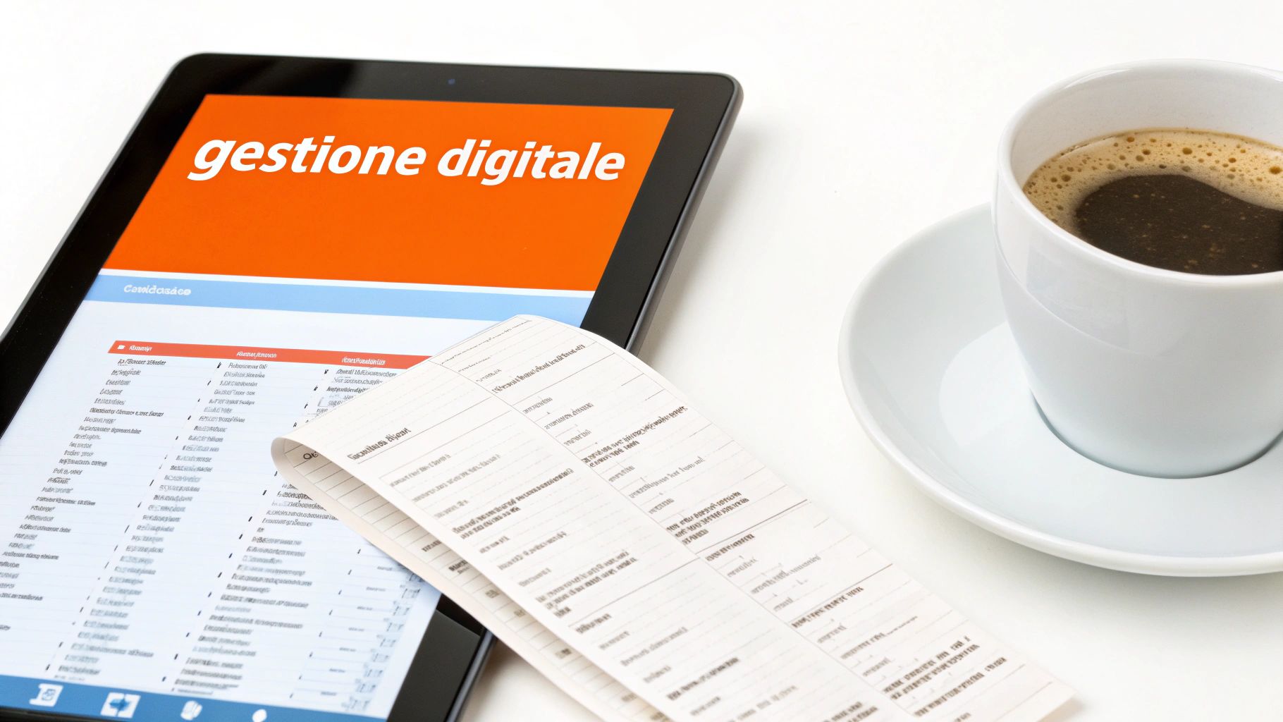 Tablet con la scritta "gestione digitale", un documento cartaceo e una tazza di caffè su un tavolo bianco.