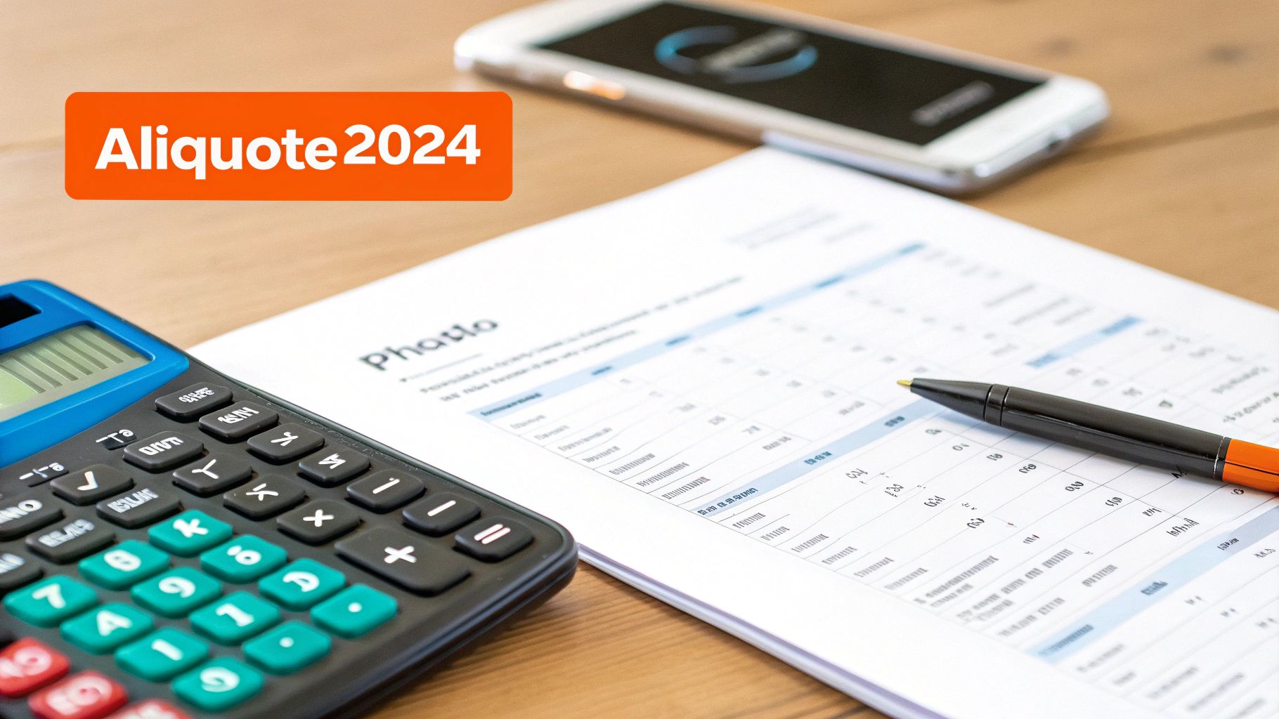 Calcolatrice, penna, documenti finanziari e smartphone su una scrivania in legno, con un banner Aliquote 2024.