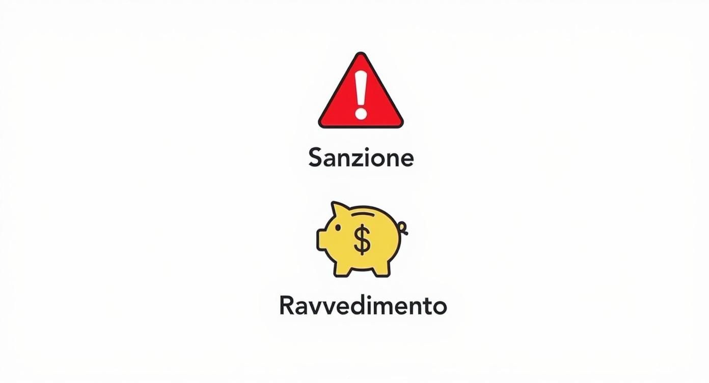 Immagine con un simbolo di attenzione rosso e la scritta "Sanzione", sotto un salvadanaio giallo e la scritta "Ravvedimento".