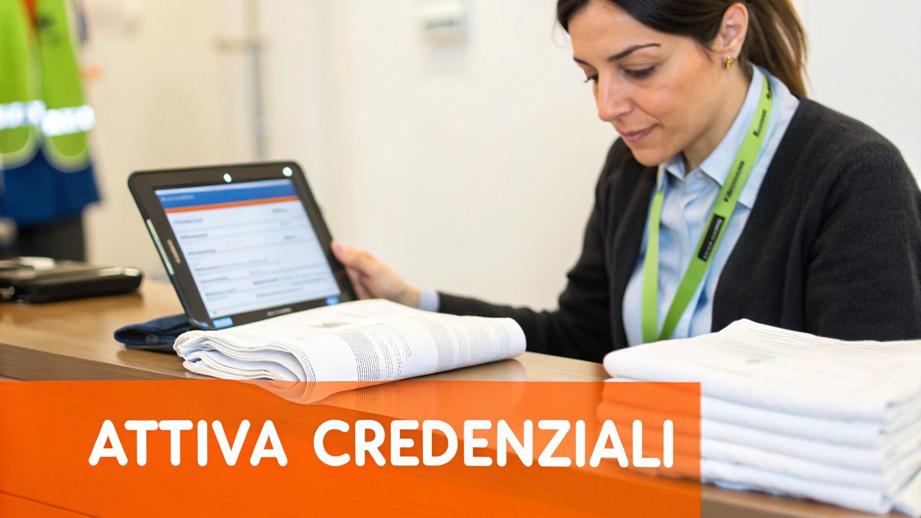 Donna in ufficio con tablet e documenti, attiva credenziali per un servizio o evento.