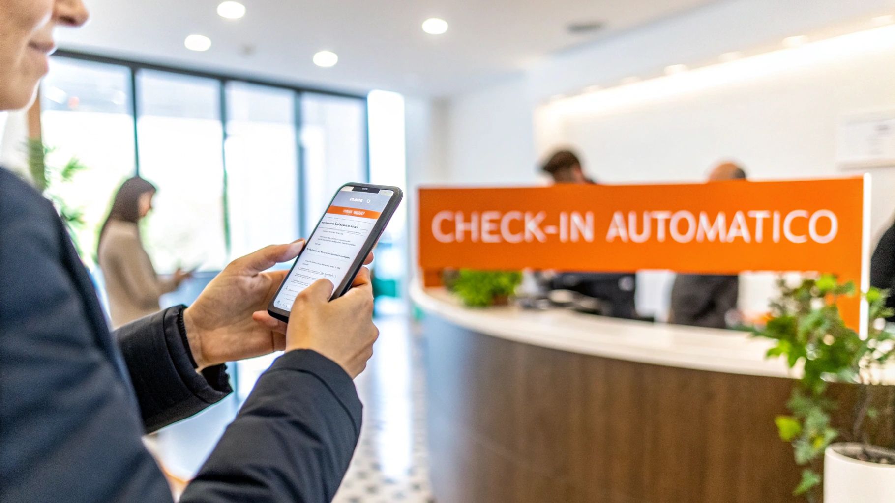 Una persona usa un'app per il check-in automatico su smartphone, con icone di sicurezza e automazione sullo sfondo.