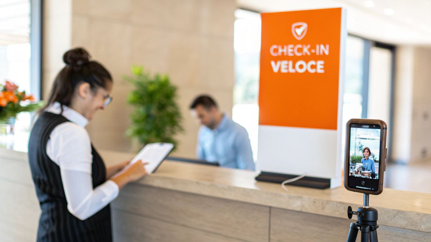 Una receptionist sorridente esegue un check-in con tablet, mentre un telefono su treppiede riprende una persona in un moderno atrio.