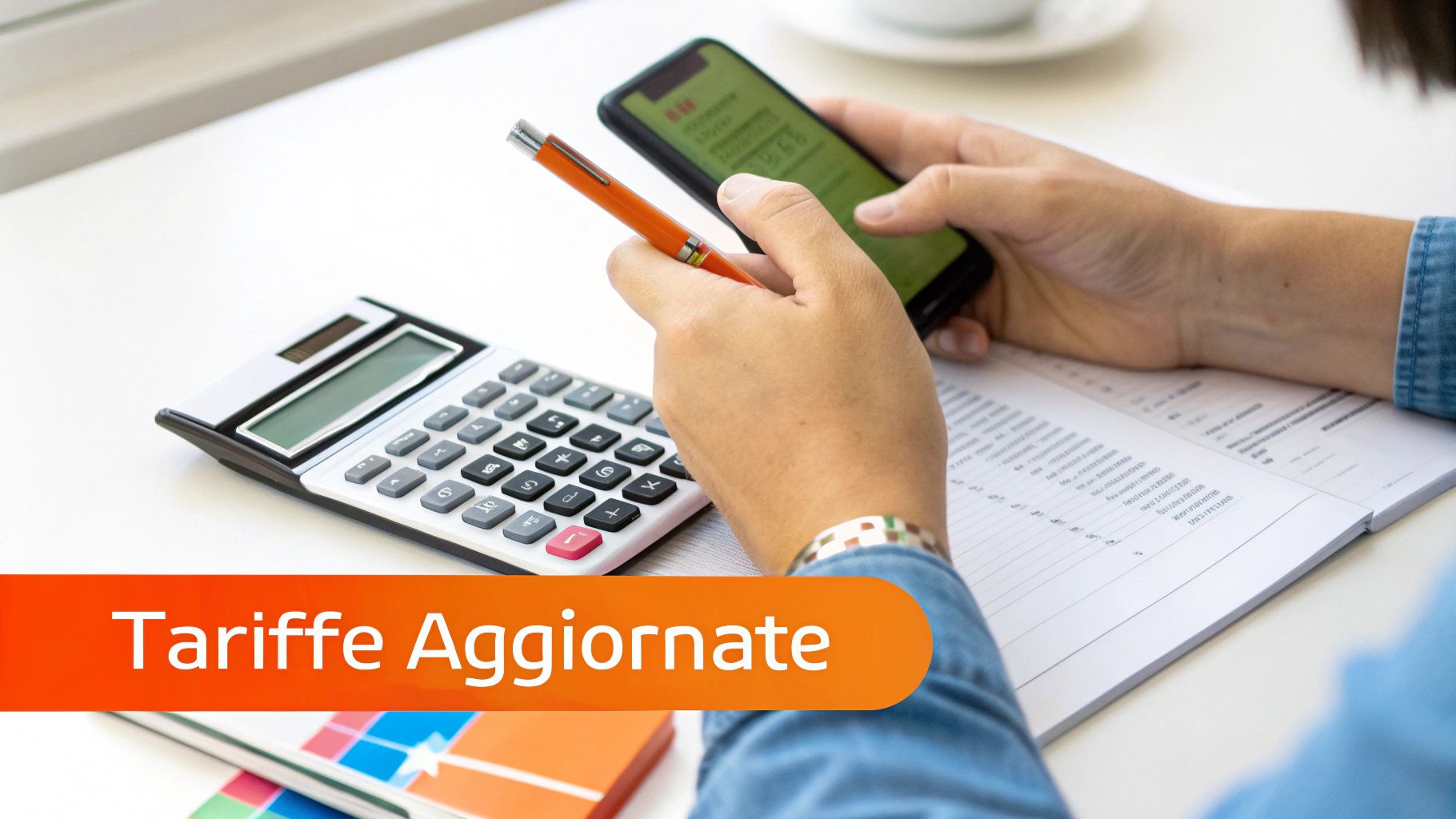 Una persona calcola tariffe aggiornate usando uno smartphone e una calcolatrice su una scrivania bianca con documenti.