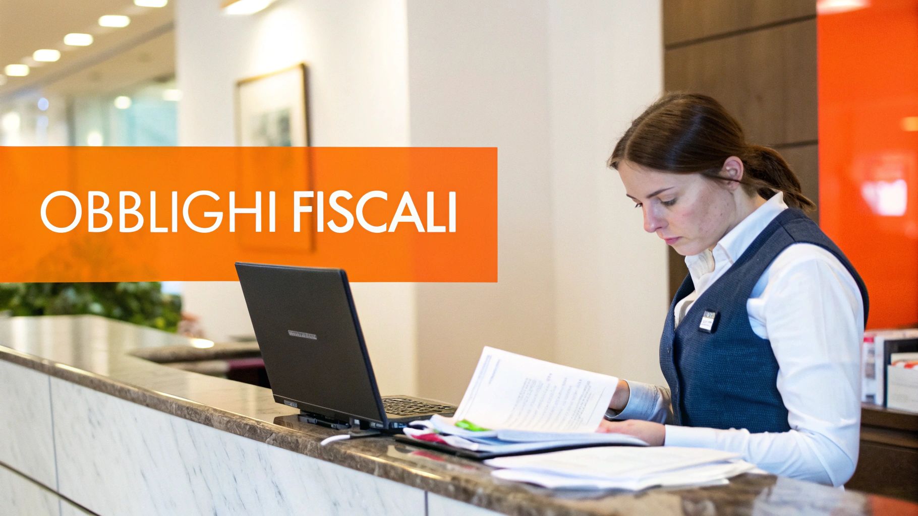 Donna al desk di un hotel che esamina documenti contabili con un laptop, sotto il banner 'Obblighi Fiscali'.