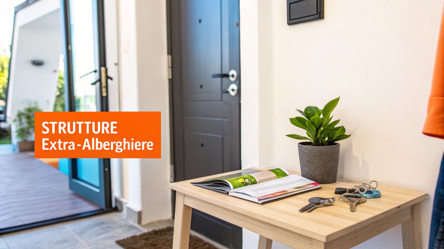 Interno di un ingresso luminoso con porta scura, tavolino in legno, pianta verde, libro aperto e chiavi. Testo: "STRUTTURE Extra-Alberghiere".