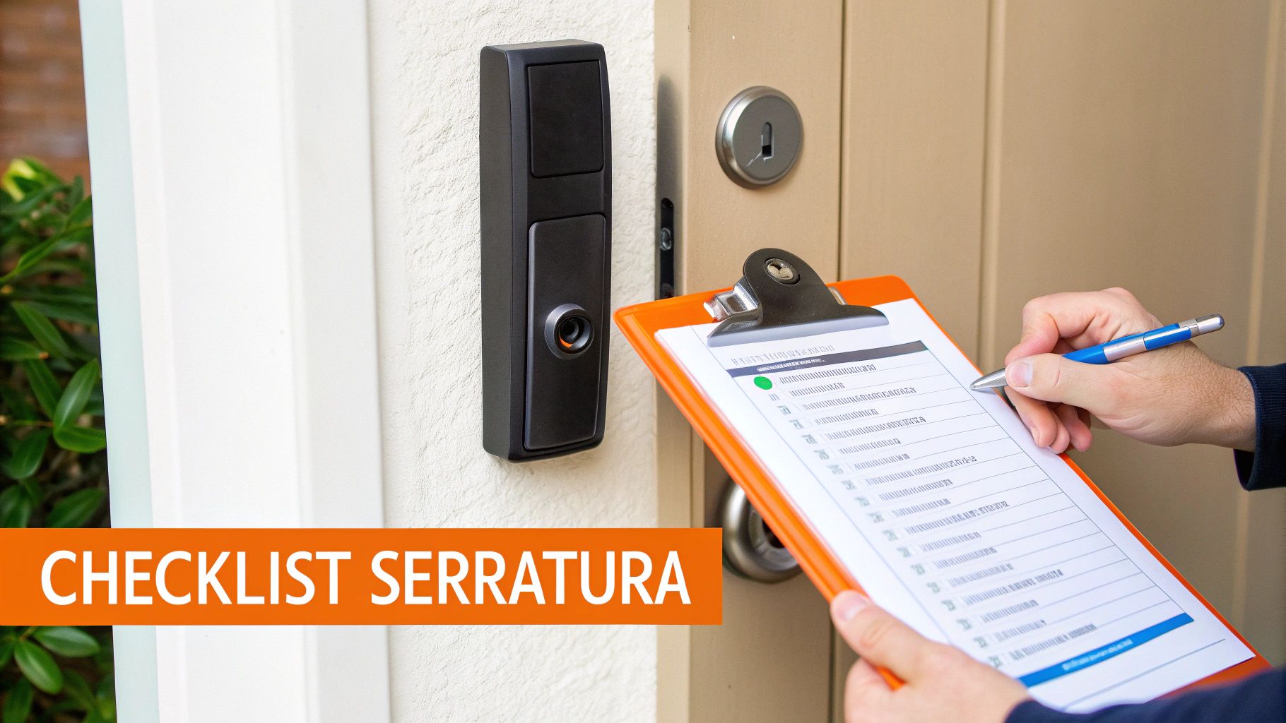 Una persona verifica una serratura e un citofono con una checklist, migliorando la sicurezza della porta.