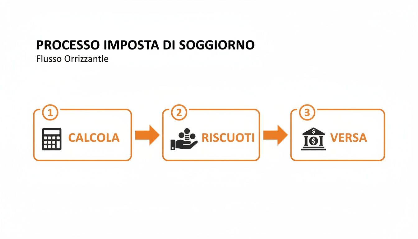Diagramma di flusso orizzontale del processo imposta di soggiorno: calcola, riscuoti e versa.