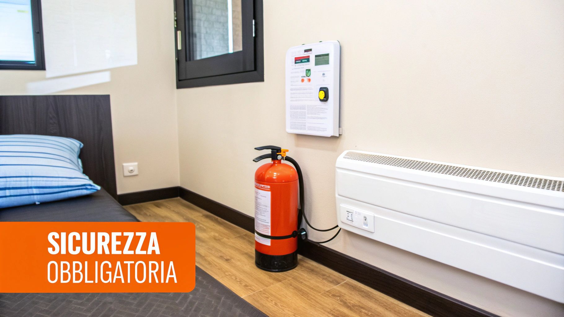 Estintore rosso, pannello di sicurezza e riscaldamento in una stanza, con la scritta "SICUREZZA OBBLIGATORIA".