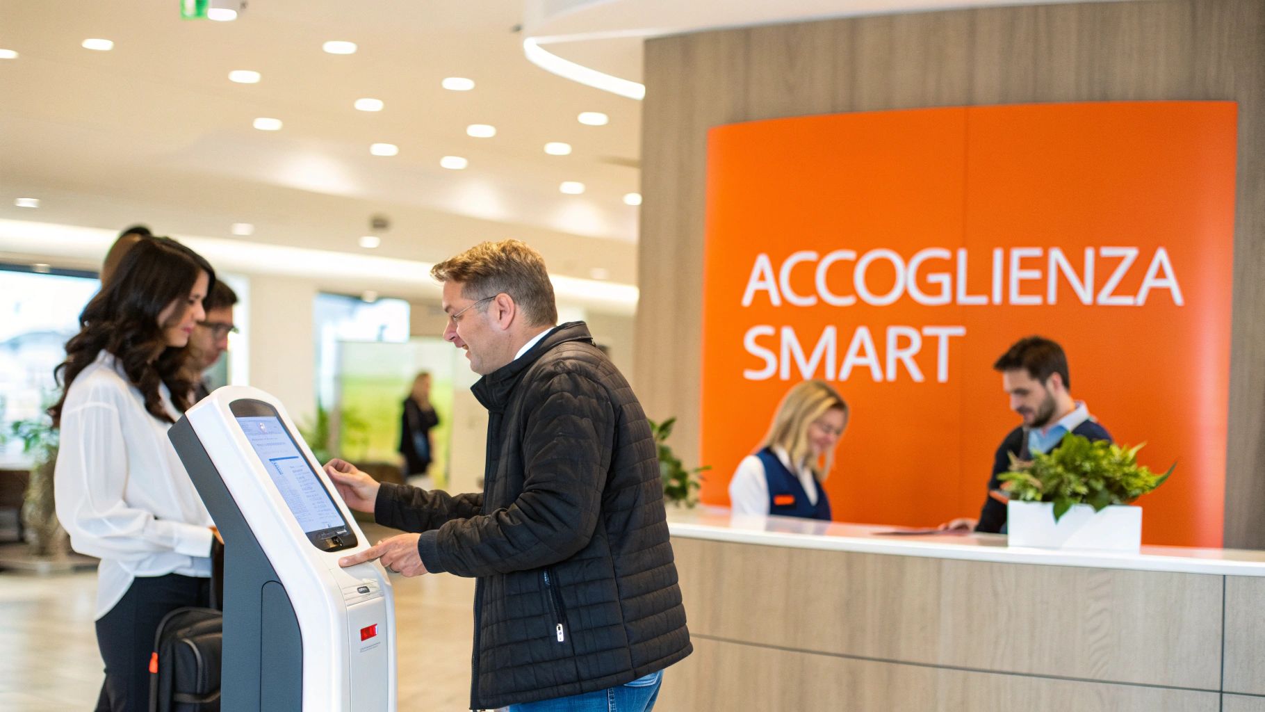 Ospite che effettua il self check-in con uno smartphone davanti alla porta della sua camera d'albergo.