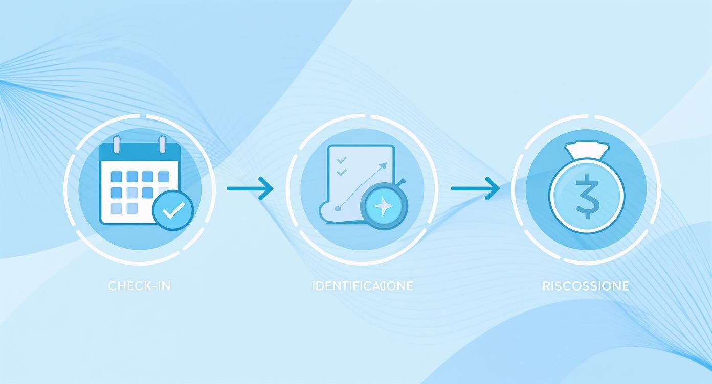 Infografica che mostra il processo della tassa di soggiorno in 3 passaggi: Check-in, Identificazione e Riscossione.