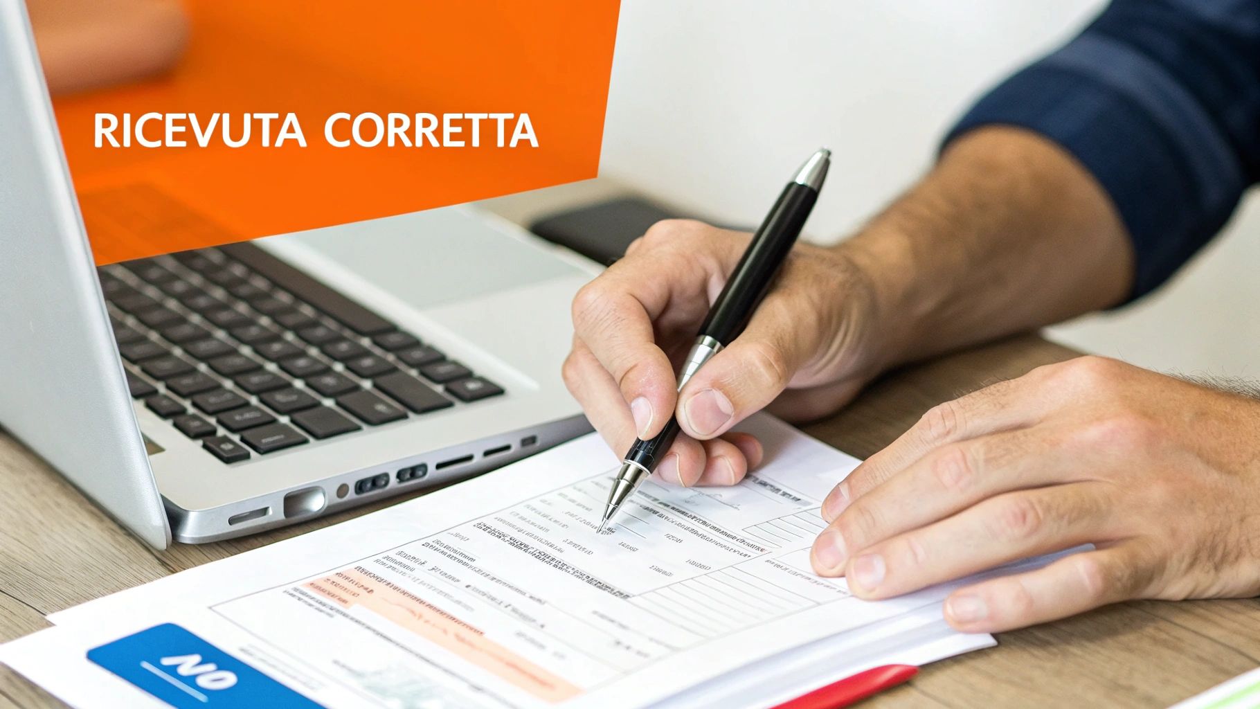 Una persona scrive su un documento con una penna accanto a un laptop aperto, con la scritta "RICEVUTA CORRETTA" sull'overlay arancione.