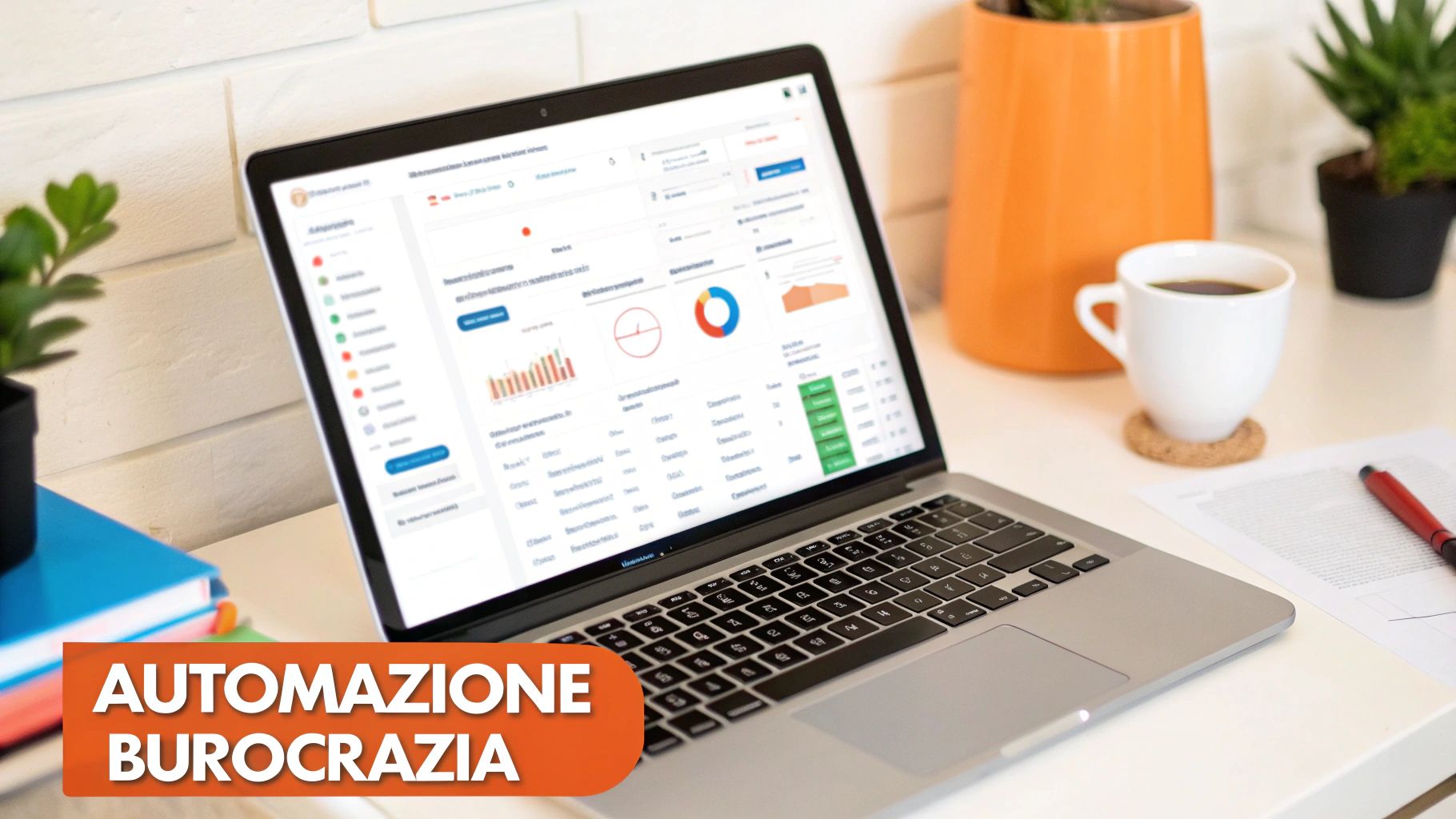 Laptop su scrivania con dashboard di gestione dati, grafici, tazza di caffè e piante, che suggerisce automazione burocratica.