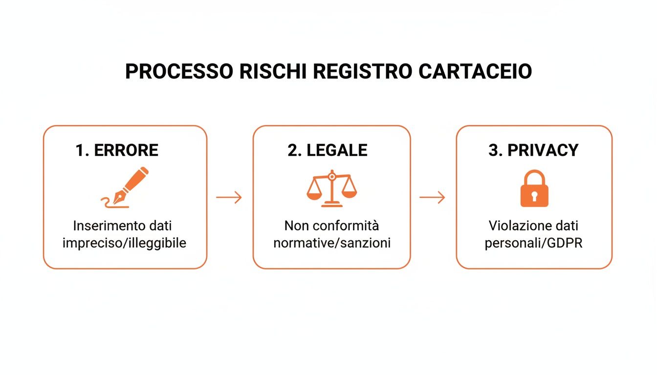 Diagramma che illustra i rischi del registro cartaceo: errori di inserimento dati, non conformità legale e violazione della privacy/GDPR.