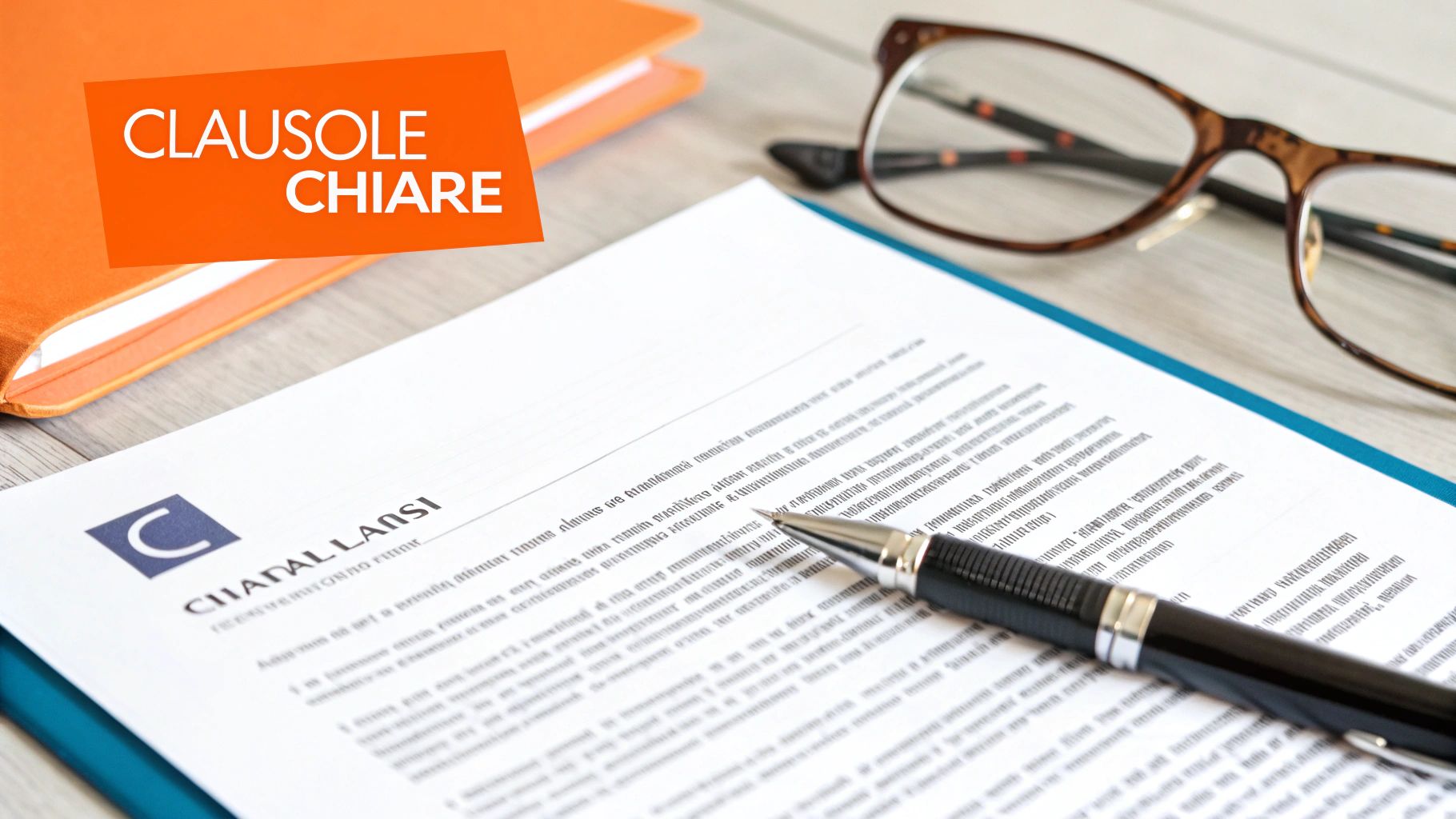 Documento con penna, occhiali e cartella arancione con etichetta "CLAUSOLE CHIARE" su scrivania.