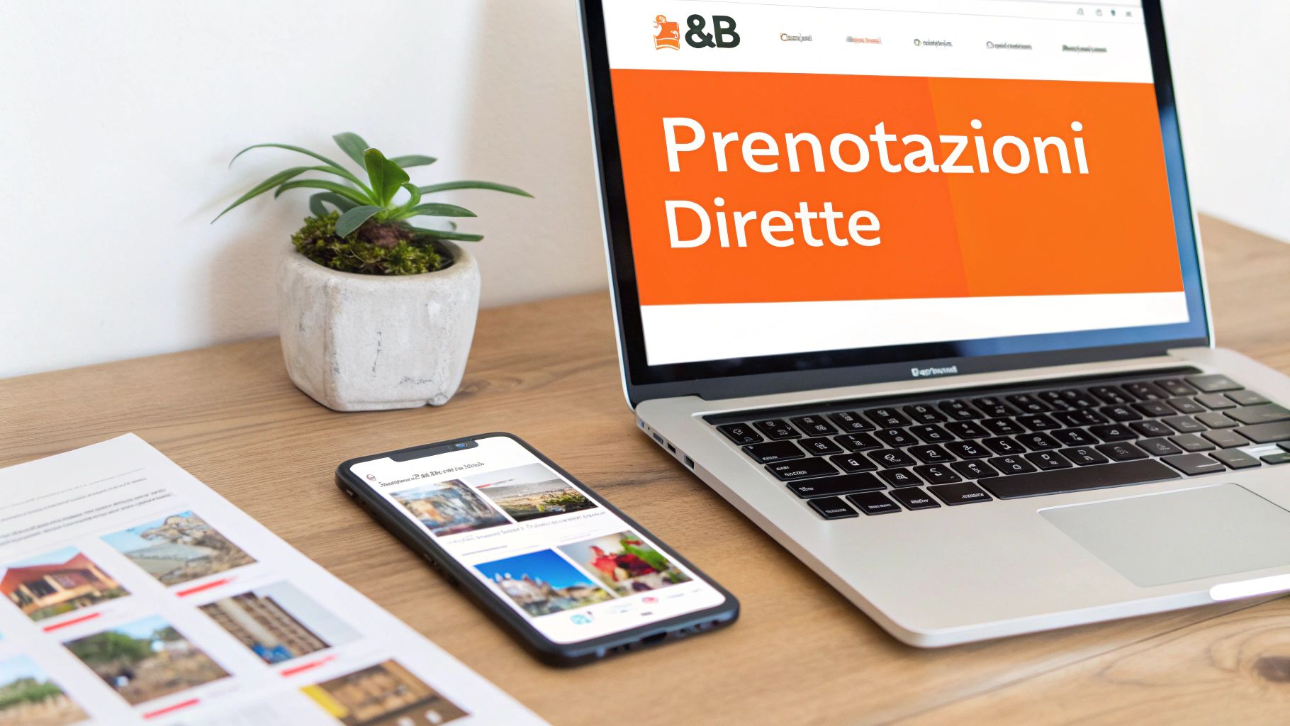 Scrivania con laptop aperto su una piattaforma di prenotazione online, una tazza di caffè e alcuni appunti di marketing