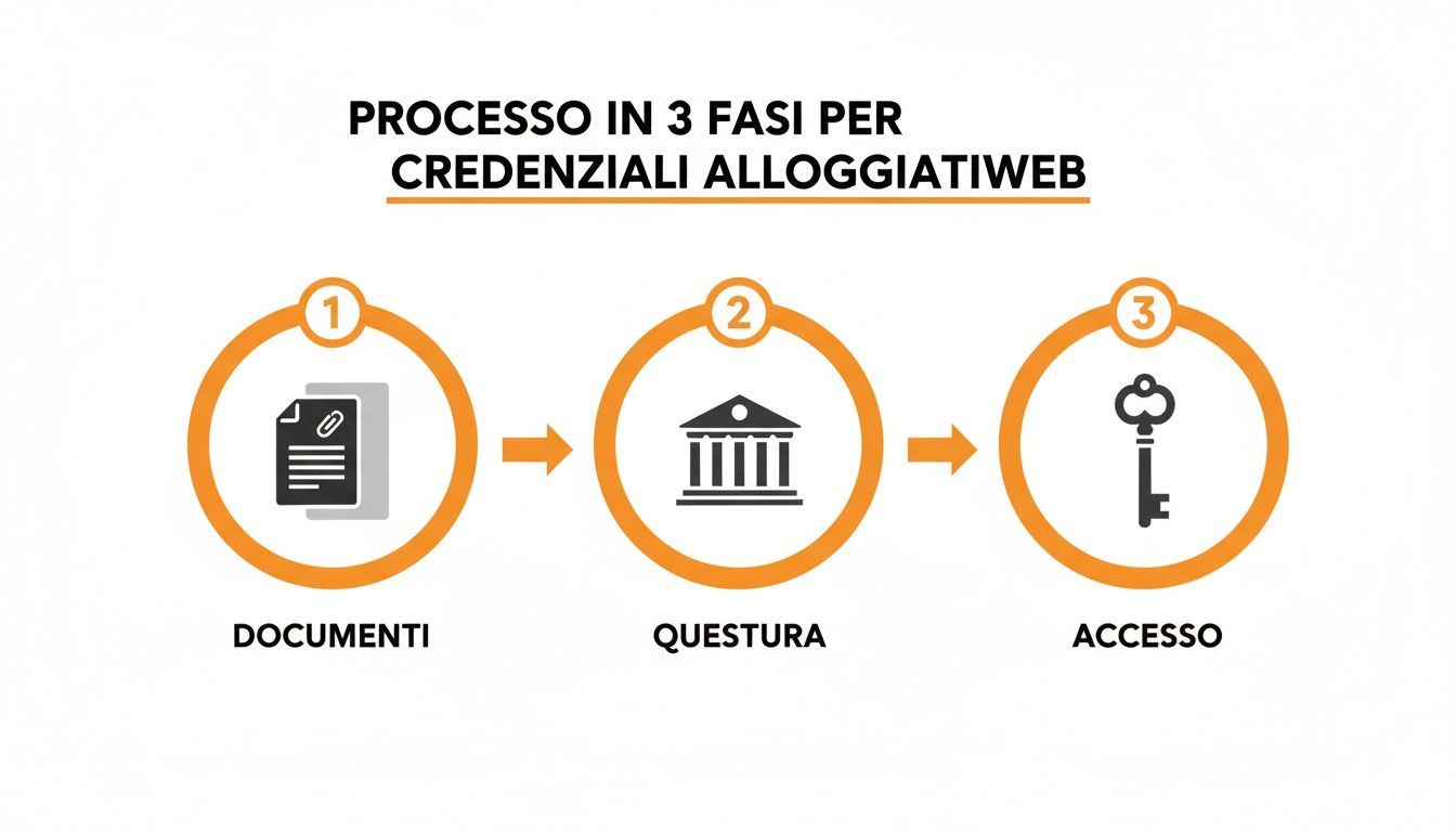 Diagramma del processo in 3 fasi per ottenere le credenziali Alloggiatiweb: documenti, Questura e accesso.