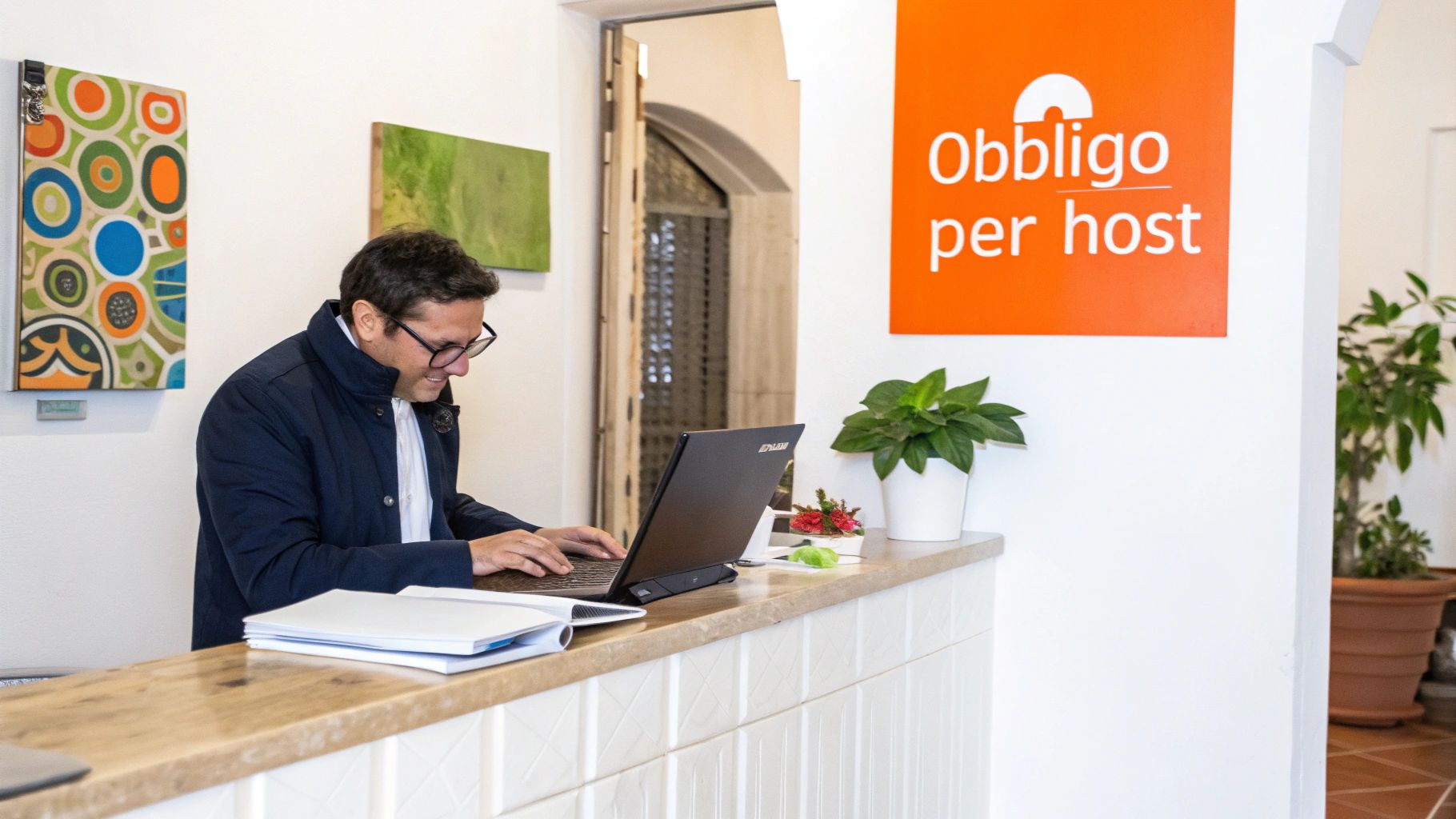 Un uomo sorridente lavora al laptop su un bancone di reception con un cartello arancione 'Obbligo per host'.