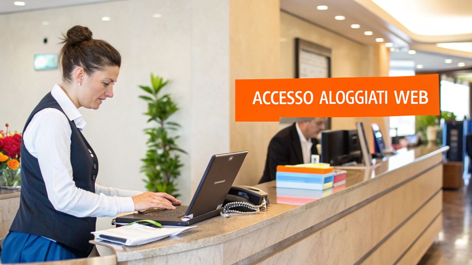 Ingresso di un hotel moderno e accogliente con un desk per il check-in