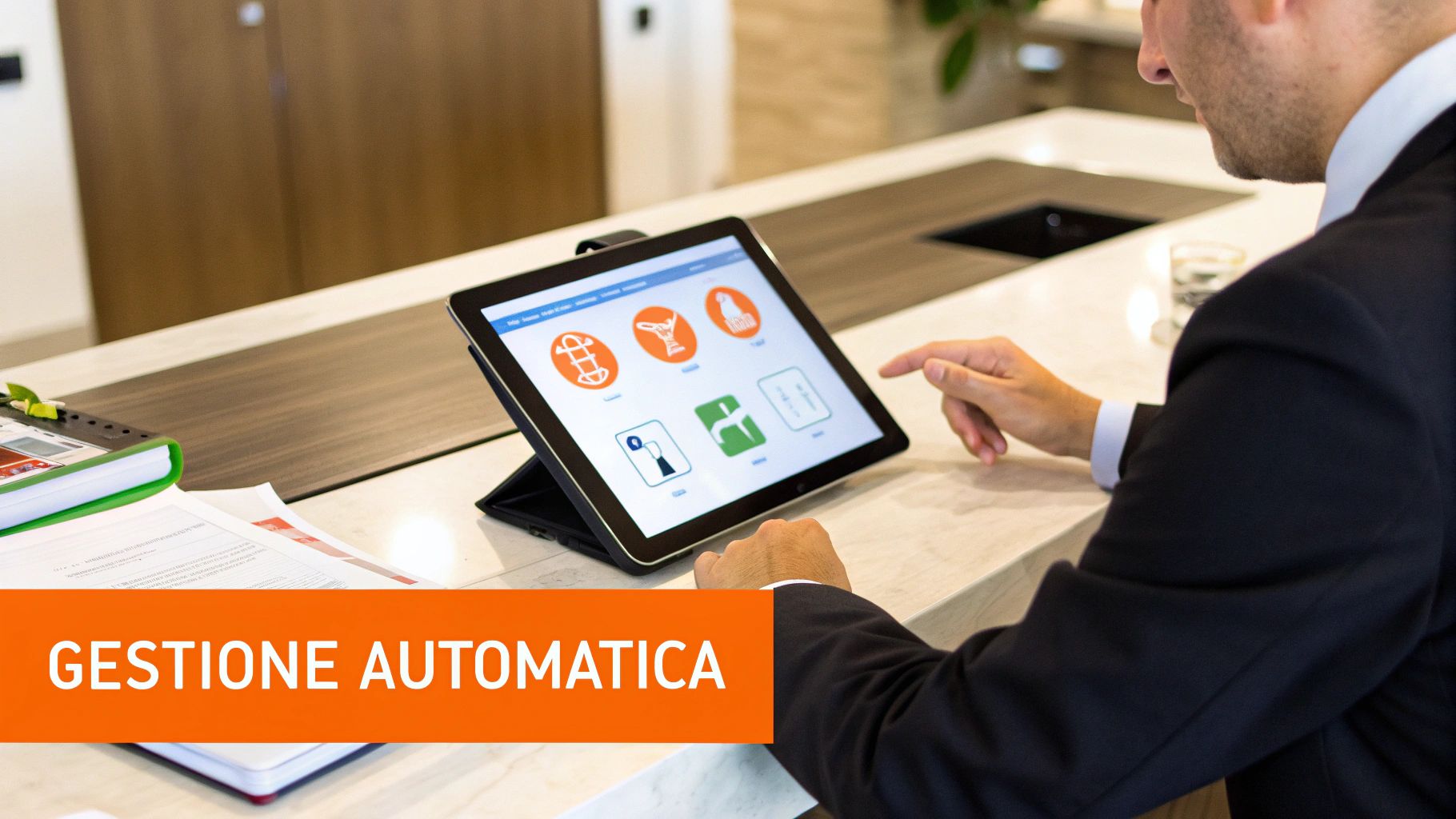 Un uomo in giacca e cravatta usa un tablet con un'interfaccia di gestione automatica, con documenti e quaderni su un bancone.