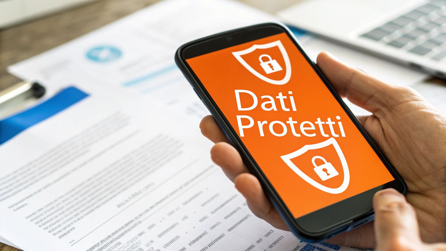 Mano che tiene uno smartphone con schermo arancione che mostra 'Dati Protetti' e icone di sicurezza, con documenti e laptop sfocati sullo sfondo.