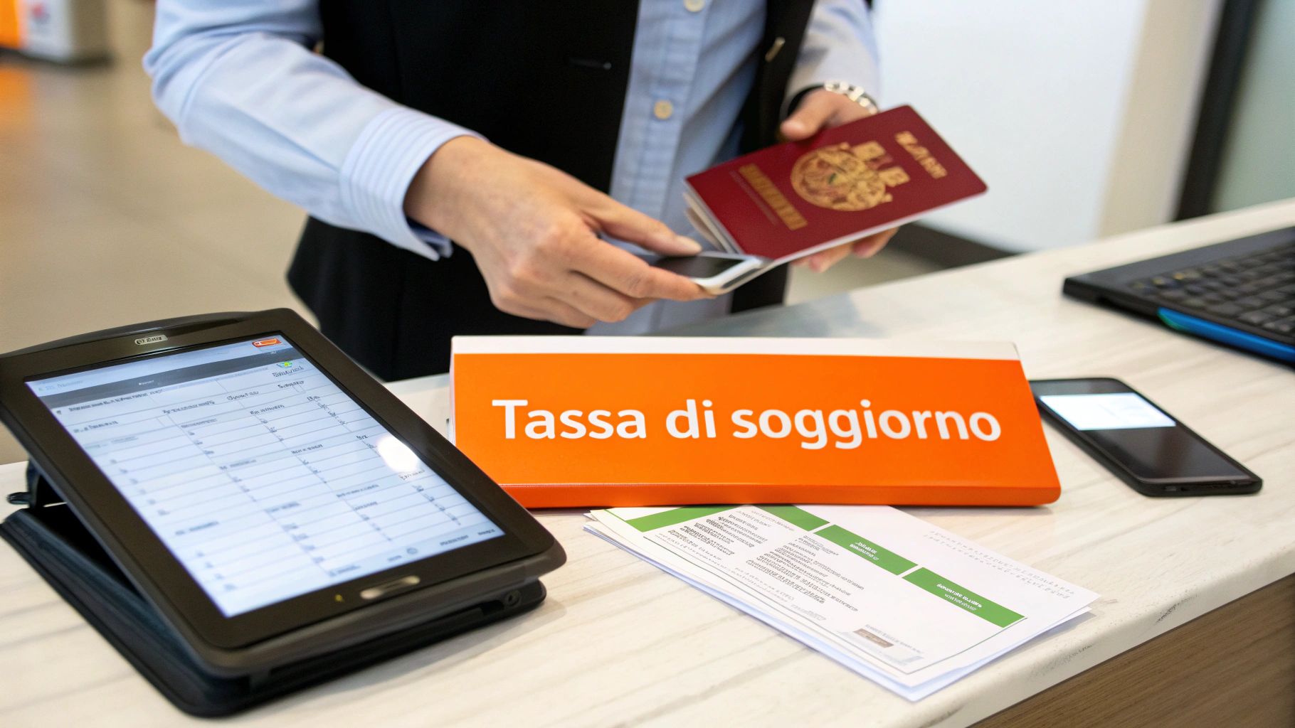 Una persona gestisce documenti e passaporto al bancone con tablet e cartello 'Tassa di soggiorno'.