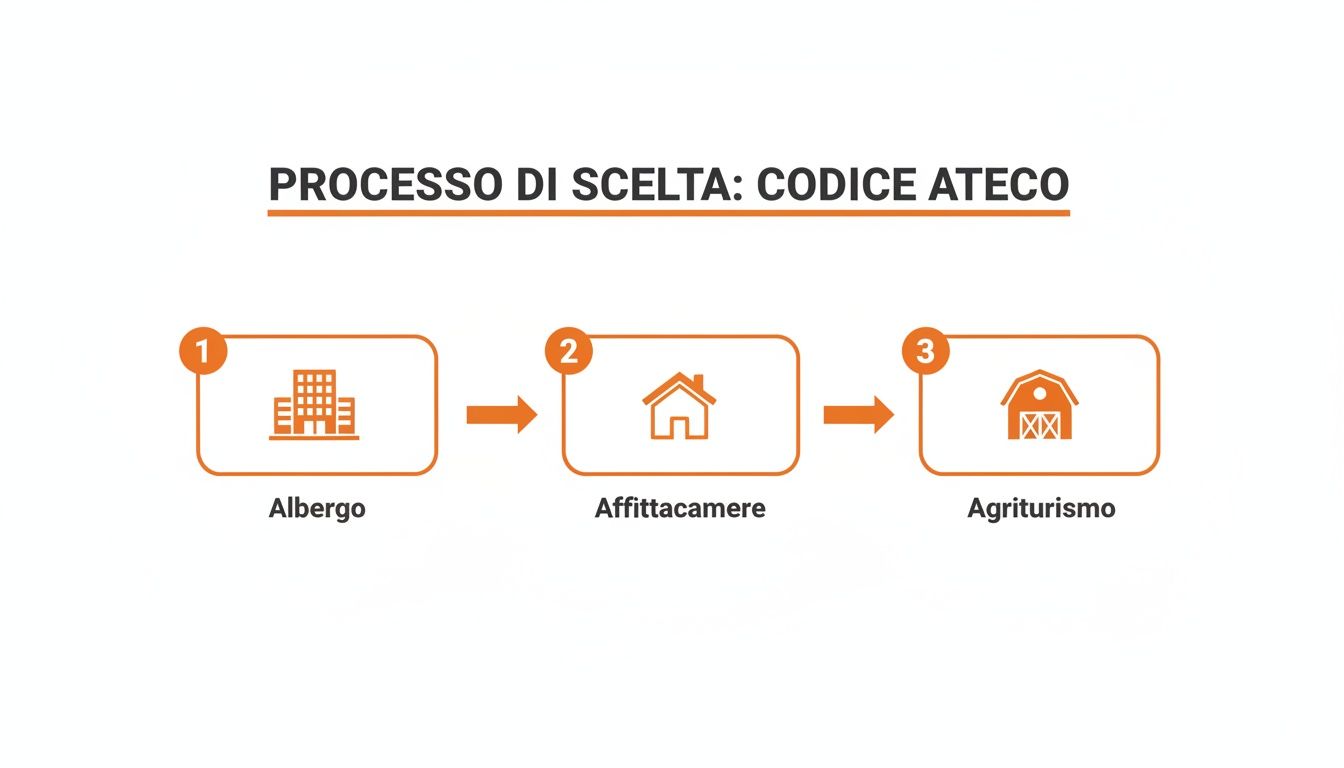 Processo di scelta dei codici ATECO per alloggi: Albergo, Affittacamere, Agriturismo, con relative icone.