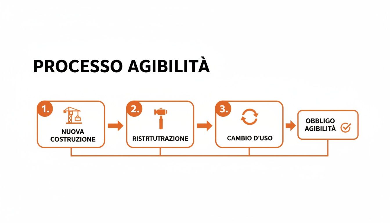Diagramma di flusso che illustra il processo per l'ottenimento dell'agibilità in caso di nuova costruzione, ristrutturazione o cambio d'uso.