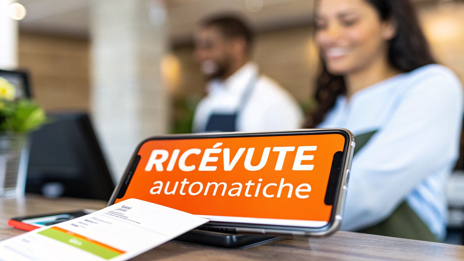 Smartphone con schermo arancione che mostra "RICEVUTE automatiche", accanto a una ricevuta cartacea, con due persone sorridenti sullo sfondo.