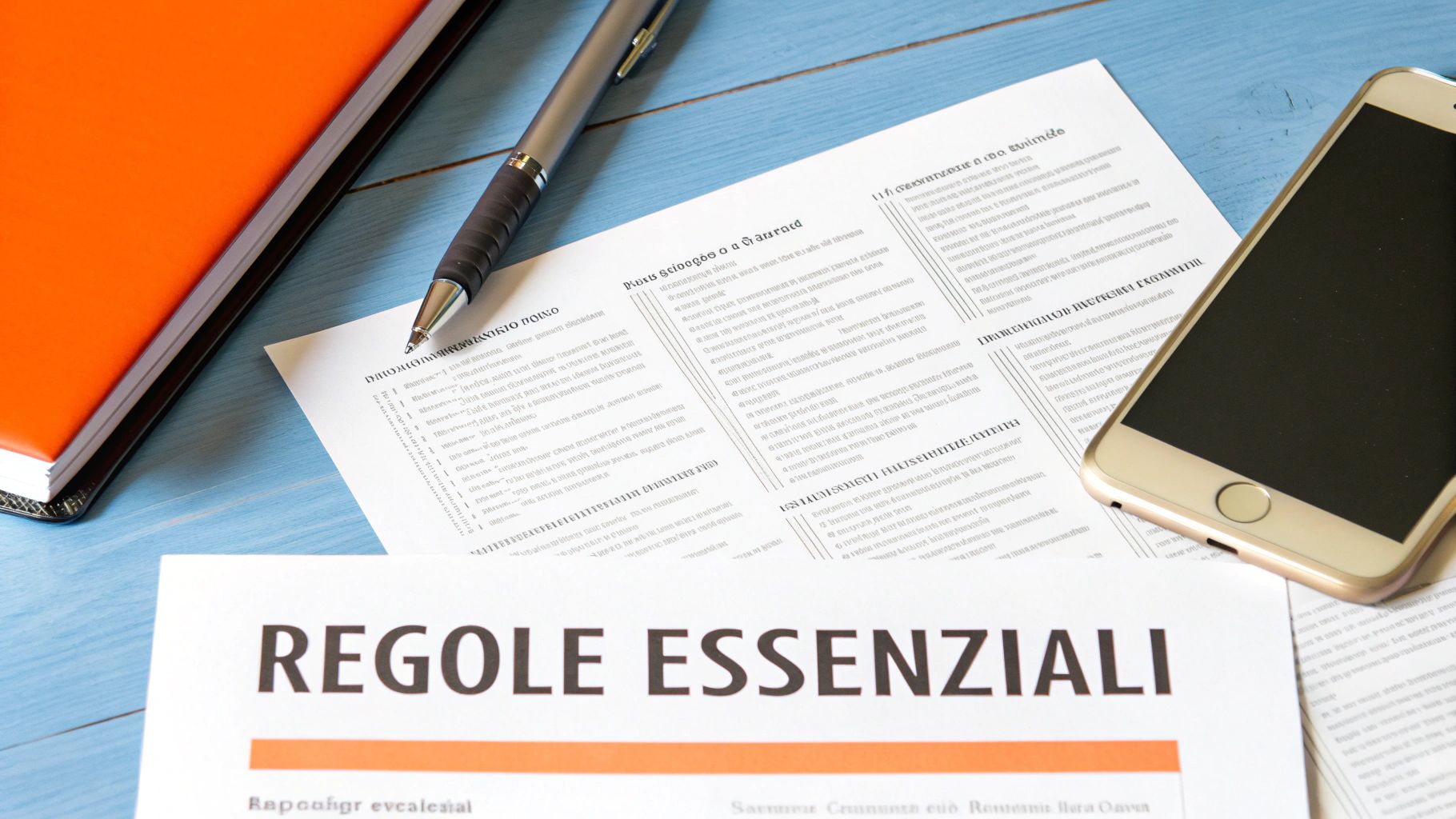 Documento intitolato 'REGOLE ESSENZIALI' su un tavolo di legno blu, con penna, quaderno arancione e smartphone.