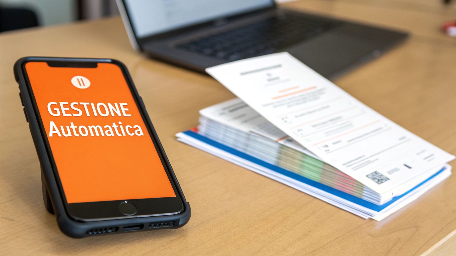 Uno smartphone con schermo arancione mostra 'GESTIONE Automatica', accanto a documenti e un laptop su un tavolo di legno.