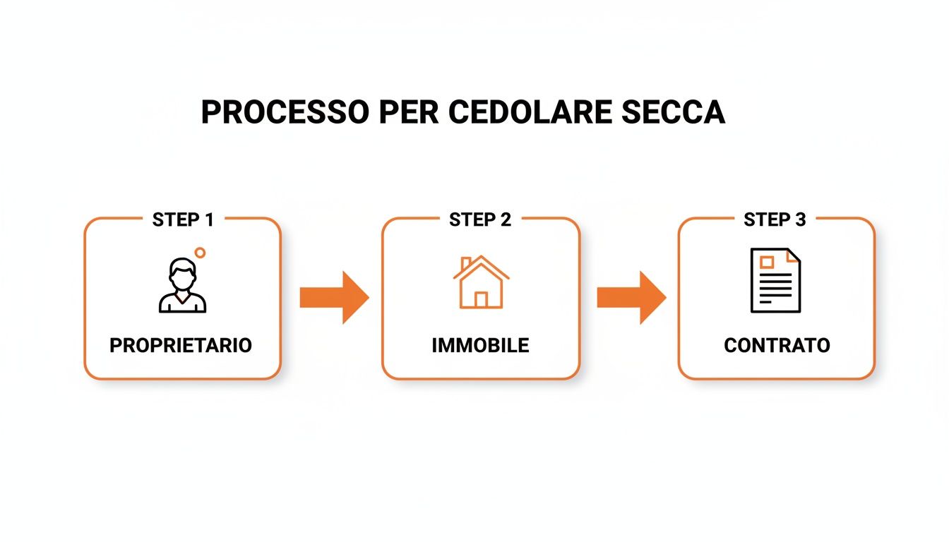 Diagramma del processo per la cedolare secca, mostrando proprietario, immobile e contratto come passaggi chiave.