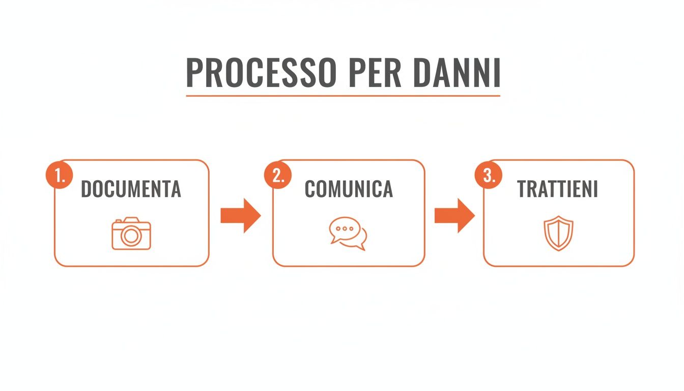 Diagramma di flusso che illustra il processo per danni con tre fasi: documenta, comunica e trattieni, accompagnate da icone.