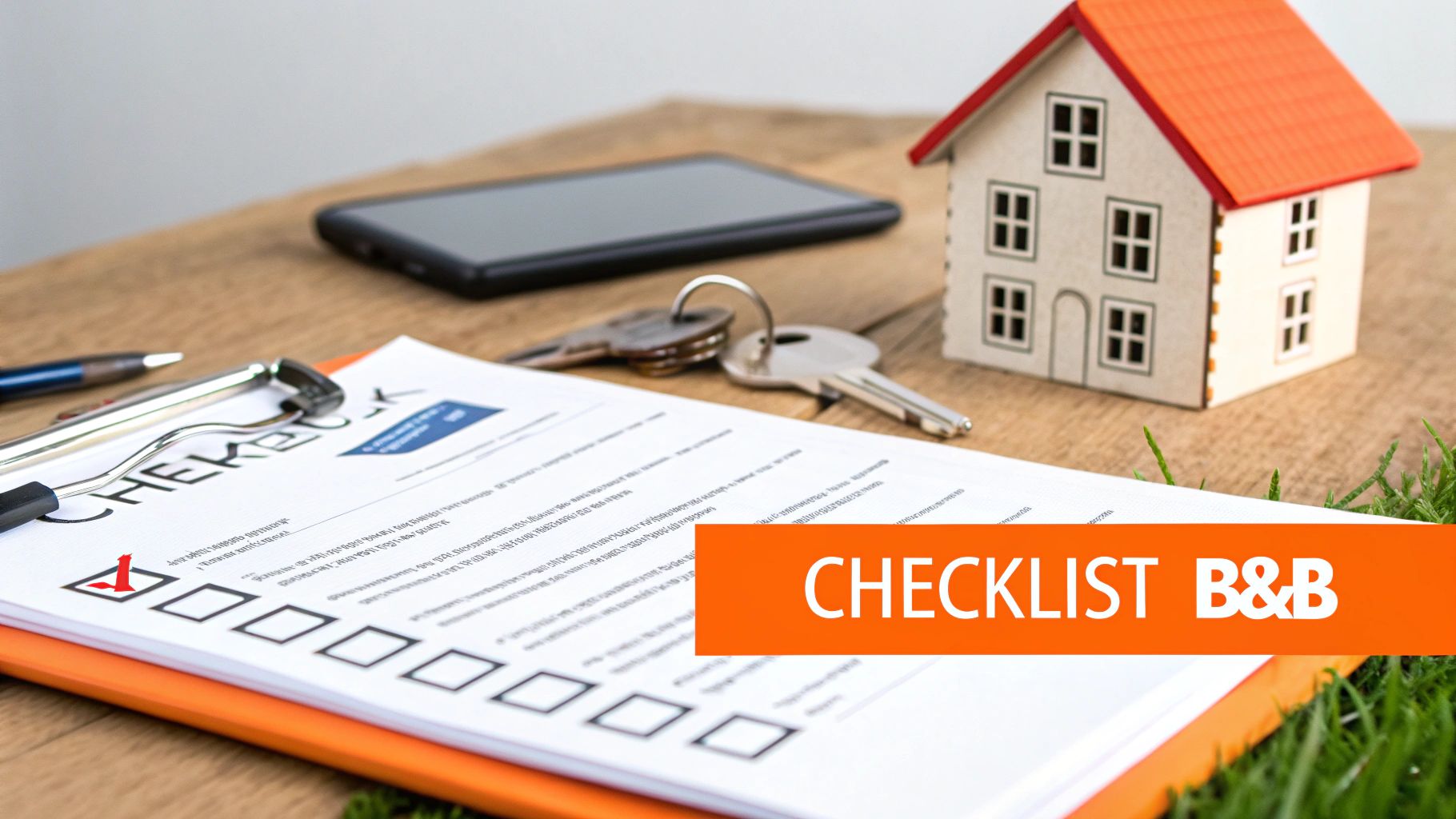 Una checklist per bed and breakfast su un tavolo di legno con chiavi di casa, smartphone e una casa in miniatura.