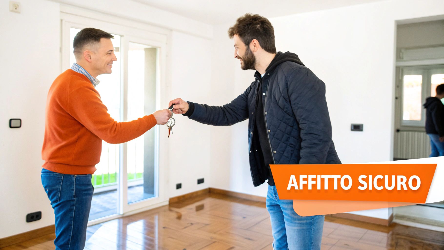 Due uomini sorridenti si scambiano le chiavi di casa in un appartamento vuoto, simboleggiando un affitto sicuro.