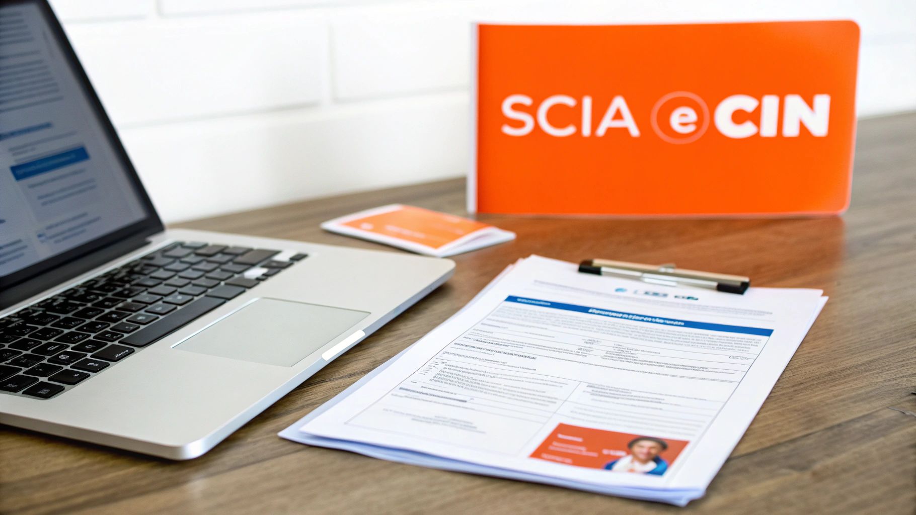 Un laptop su una scrivania di legno accanto a documenti stampati, una penna e un cartello arancione con scritto "SCIA e CIN".