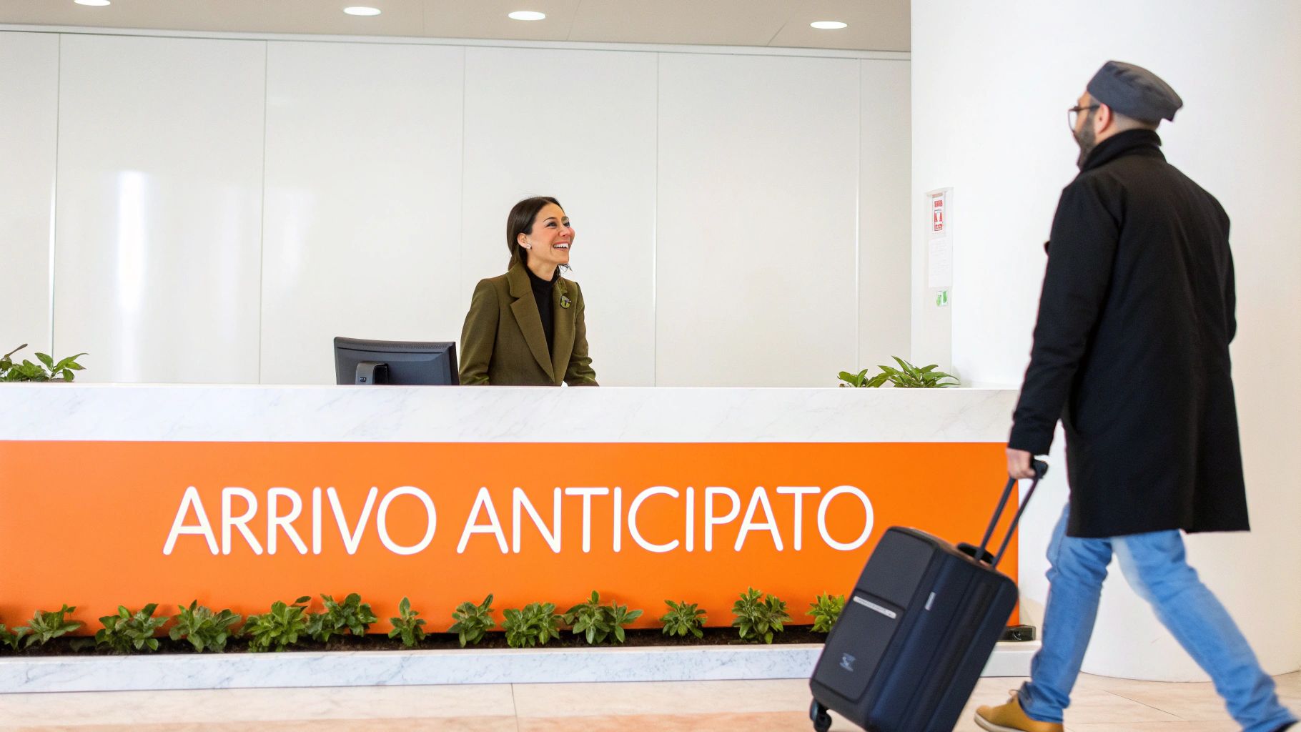 Una receptionist sorridente accoglie un uomo con valigia al bancone della reception, dove si legge 'ARRIVO ANTICIPATO'.