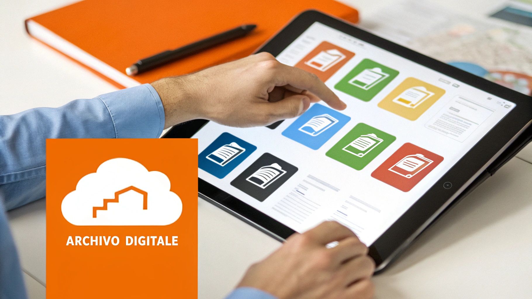 Una scrivania digitale con un tablet che mostra un archivio cloud di ricevute della tassa di soggiorno, simbolo di efficienza e sicurezza.