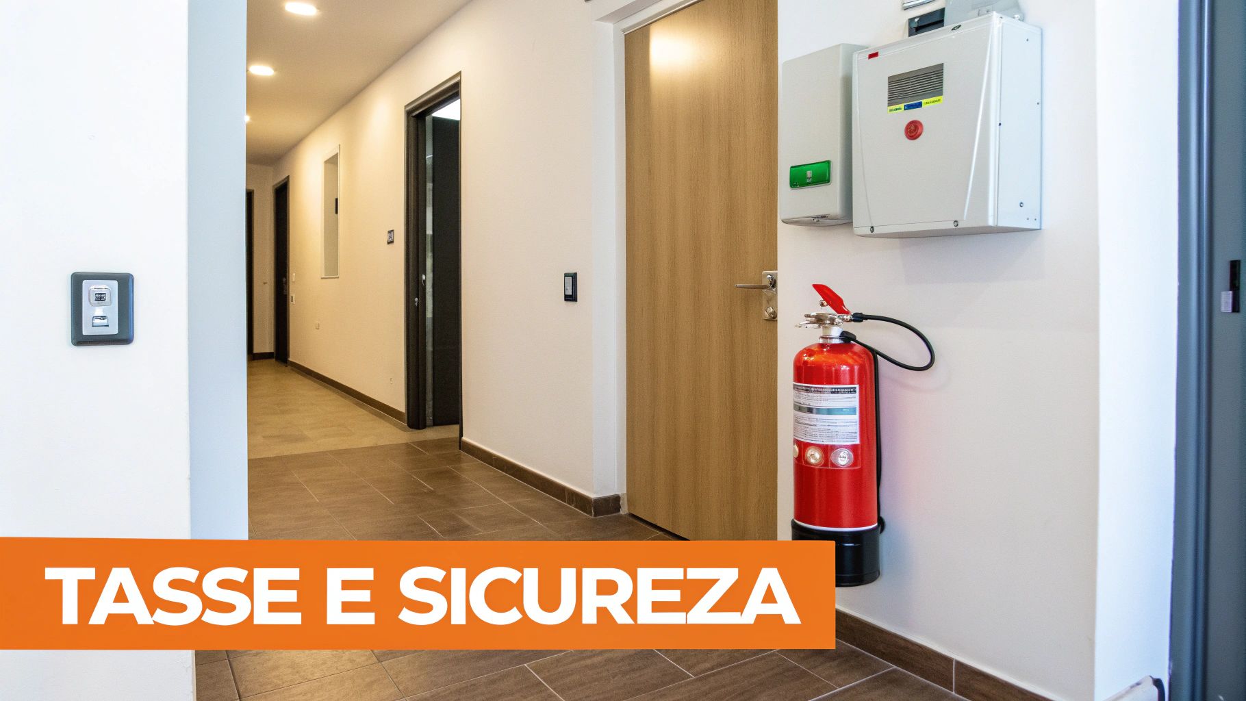 Corridoio condominiale con estintore rosso e sistema di sicurezza antincendio installato sulla parete