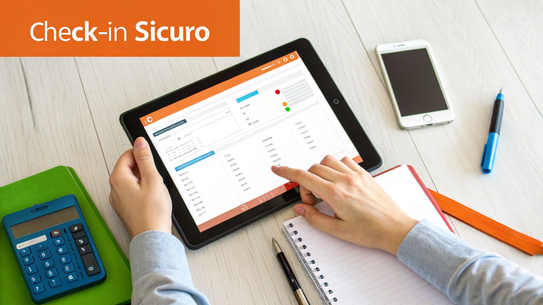 Persona che utilizza un tablet con dati, affiancato da smartphone, calcolatrice e quaderno, su una superficie in legno.