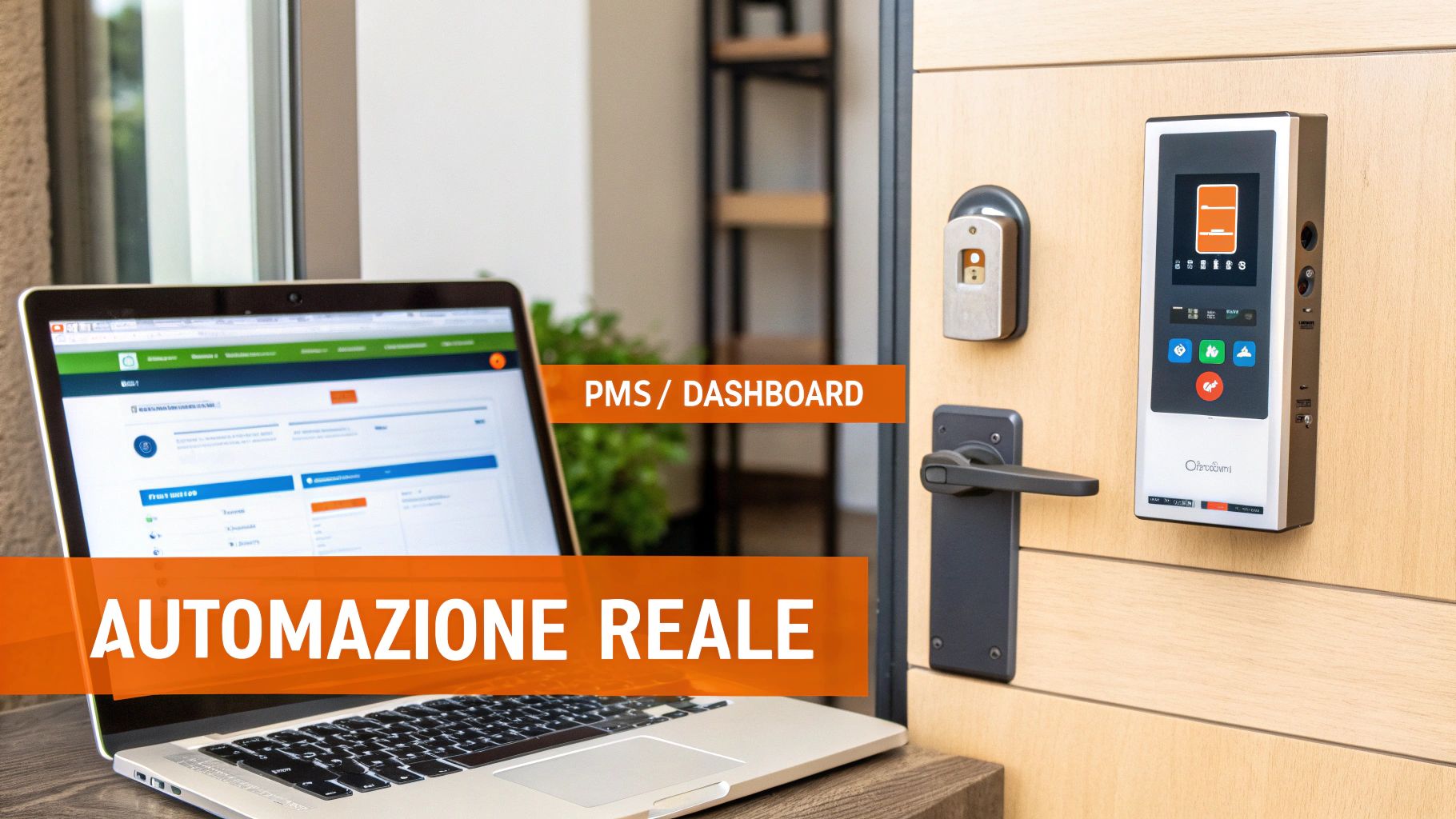 Un laptop con dashboard gestionale e un sistema di accesso smart su una porta in legno.