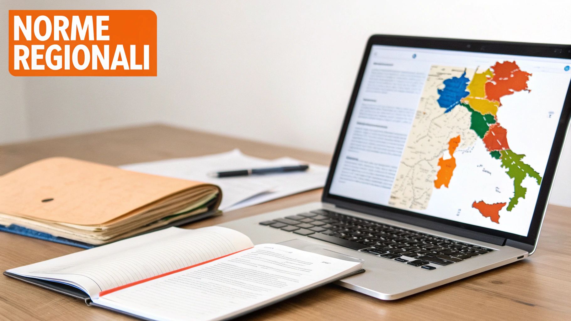 Un ufficio con laptop che mostra una mappa colorata dell'Italia e documenti. Banner: NORME REGIONALI.