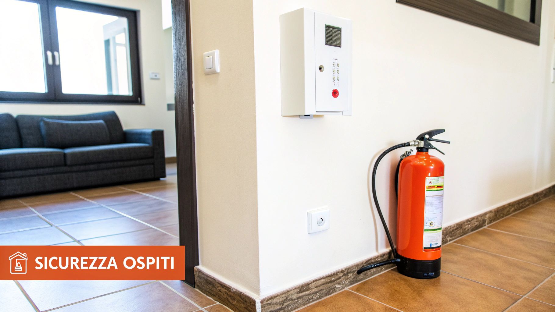 Estintore antincendio arancione e pannello di emergenza bianco in un corridoio luminoso, essenziale per la sicurezza degli ospiti.