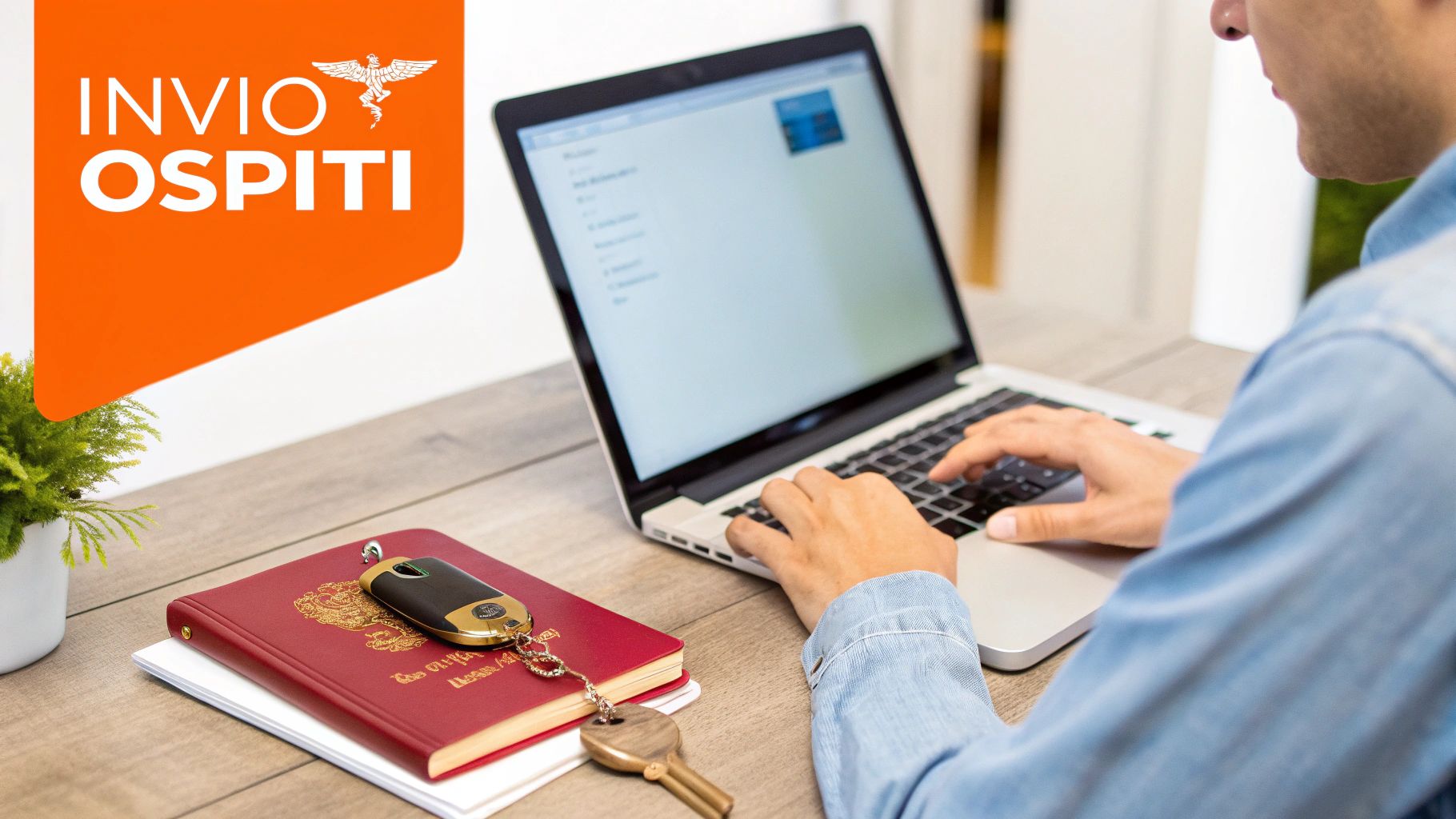 Una persona che utilizza uno smartphone per completare il check-in online, con icone che simboleggiano la trasmissione sicura dei dati