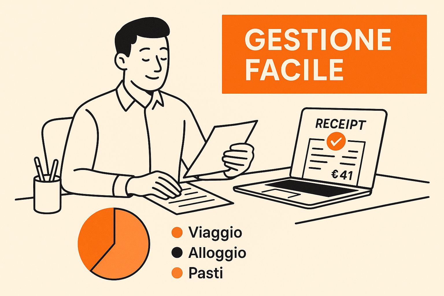 Un host rilassato gestisce facilmente le ricevute digitali della tassa di soggiorno dal suo laptop, evidenziando la semplicità del processo.