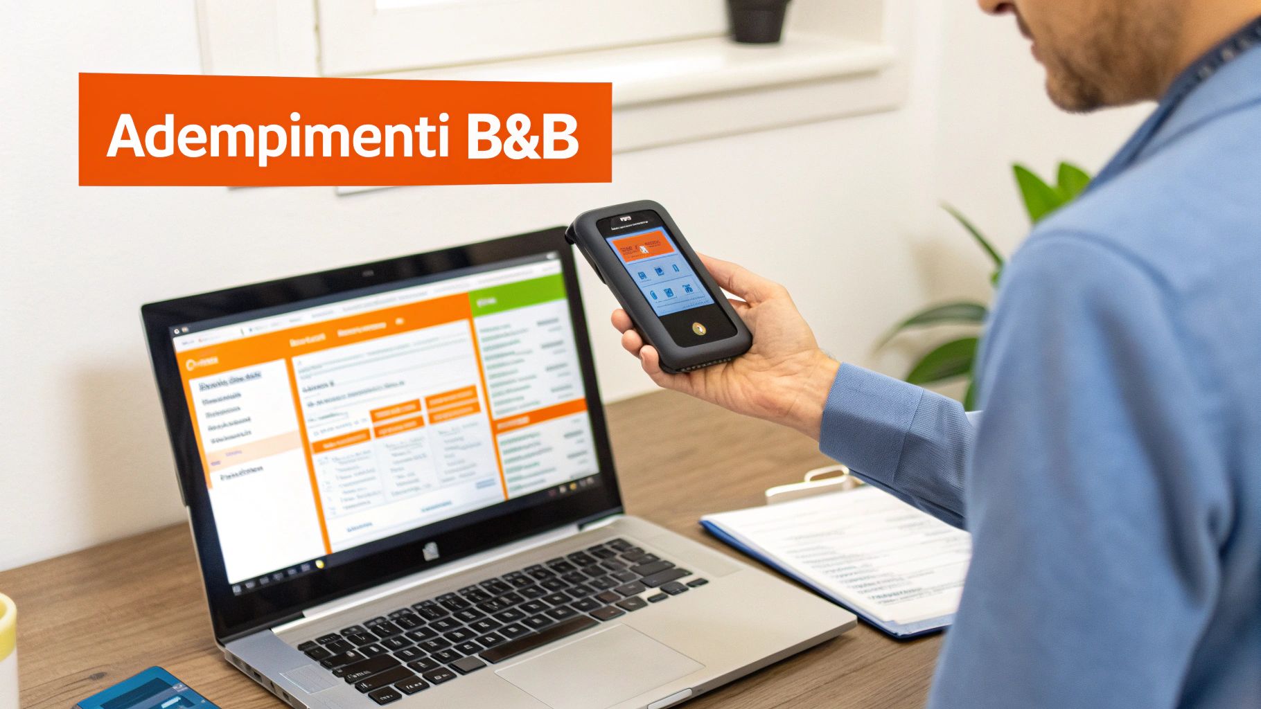 Una persona utilizza un laptop e un dispositivo mobile per la gestione, con il testo 'Adempimenti B&B' in primo piano.
