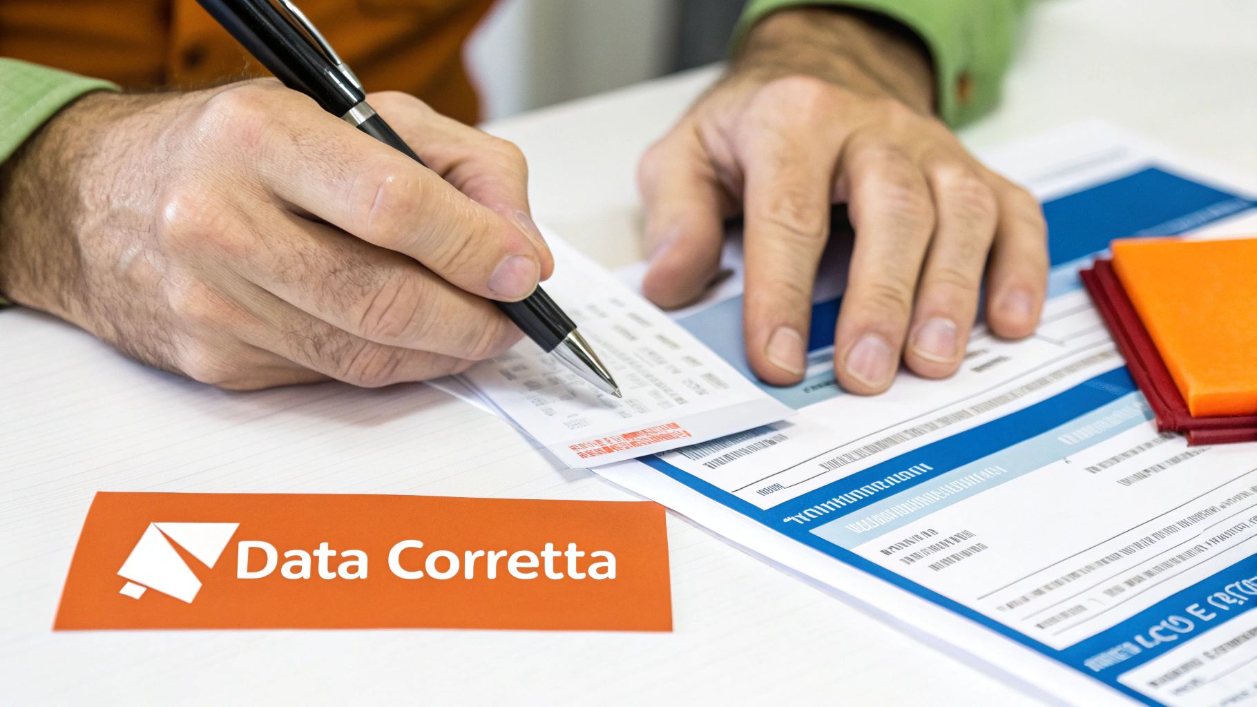 Mani che scrivono con una penna su documenti e ricevute, con il logo 'Data Corretta'.