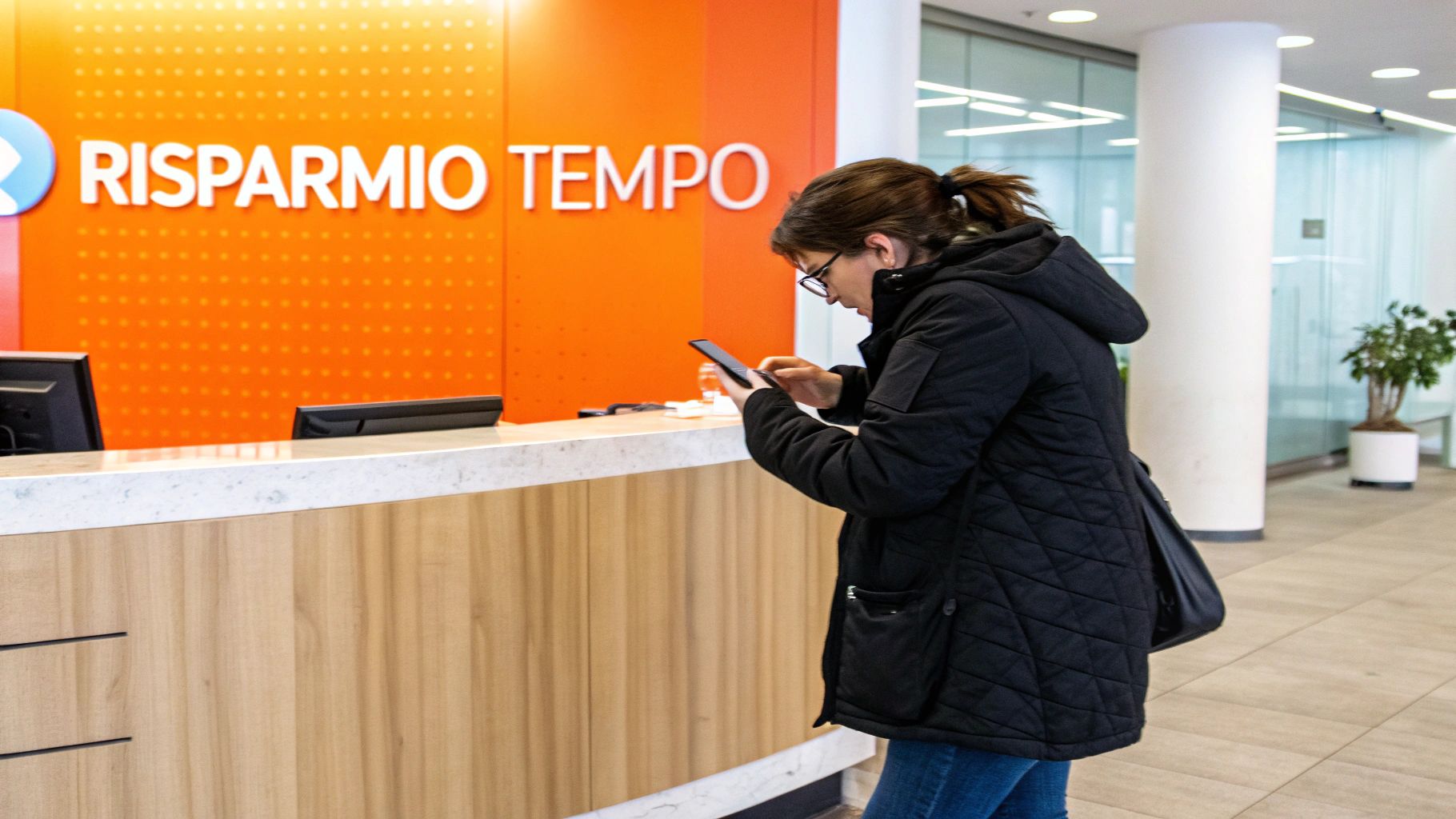 Una persona sorridente che utilizza lo smartphone in un ambiente moderno e accogliente