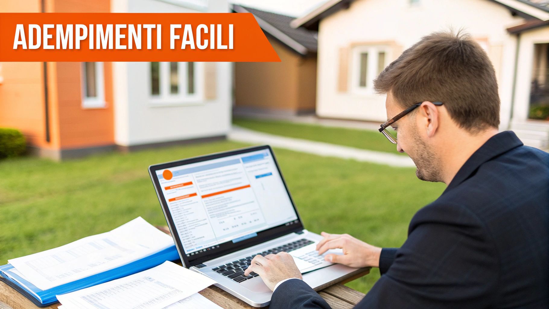 Uomo con occhiali lavora su un laptop all'aperto, con documenti e un banner "ADEMPIMENTI FACILI".